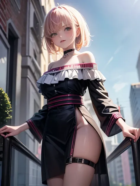 Masterpiece Top Quality, High resolution, absurdres, One girl, crowd, skirt, Pink Hair, lure, From below, Revealing clothing,Off the shoulder,  Skin Dentition, Outdoor, sunlight, street, View your viewers, , 8K photo CG, 