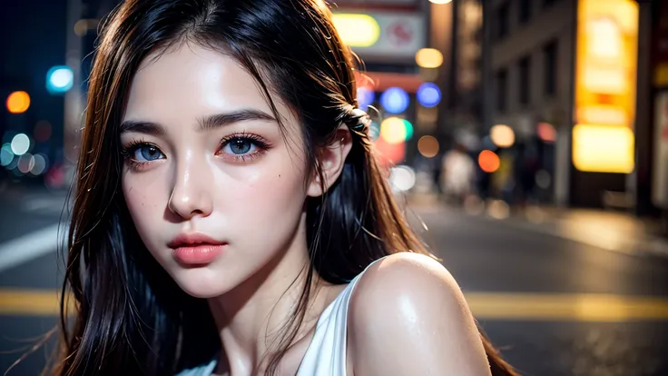 A beautiful woman is walking through a cyberpunk city、((Realistic lighting、Best Quality、8k、masterpiece:1.3))、Clear Focus:1.2、One Girl、Beautiful Face、The most beautiful 1 women in the world、Beauty with a perfect body:1.4、Long Hair、(Outside the house、Daytime...