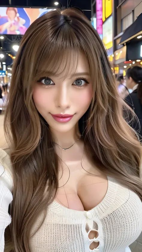 (Cowboy Shot、Best Quality、8k、Award-winning works、Ultra-high resolution)、Beautiful woman、(A sweater that shows off perfect, sexy cleavage:1.1)、Perfect big breasts、(Blonde:1.1)、Bright color contacts、Perfect Makeup、Bright and shiny lipstick、(Very heavy makeup...