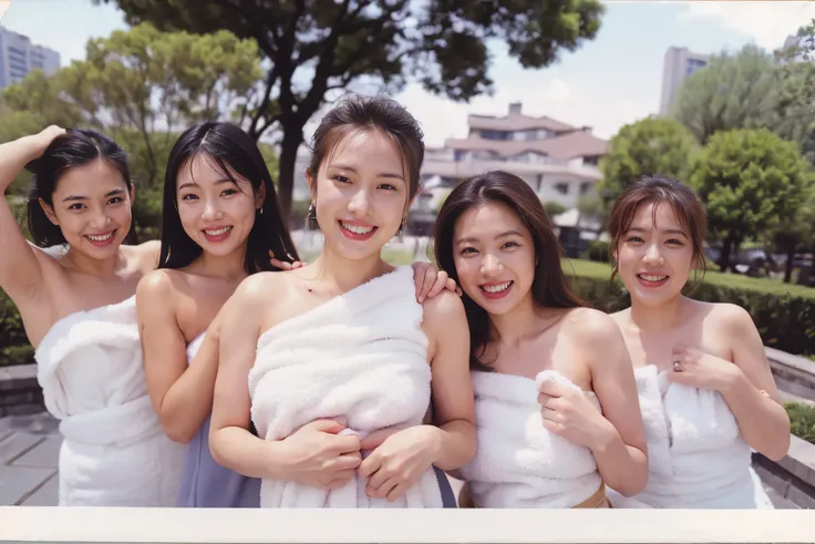 5girls,((Highest quality、8K resolution、Masterpiece、Portraiture)), Photorealistic, 35mm Film, On the street during the day, Wrinkles around the eyes,Wrinkles around the mouth、((naked towel:1.2)) , (Outdoor_hot spring: 1.2), Cluttered background,Looking at t...