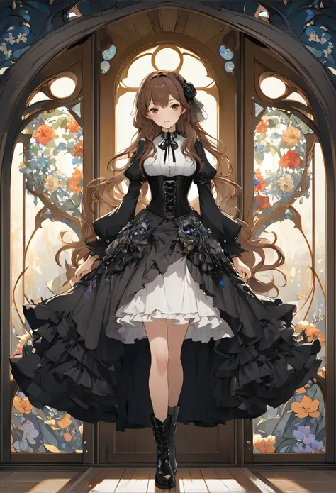 An enchanting scene of a young woman standing amidst elaborate decoration, (((Gothicta))), Flower Arch. She was adorned with hair accessories、she is medium length, Wavy brown hair..。Ruffled mini skirt, Her facial expression is natural, Calm expression. She...