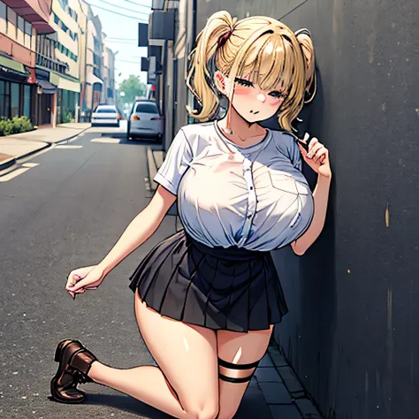 standing . wearing short skirt . white short sleeve shirt . female student . A prostitute big breast . fishnet stockings . prostitute . open belly . slim waist. like to be fucked. horny . standing in the alley . belly exposed . kneeling . lust 