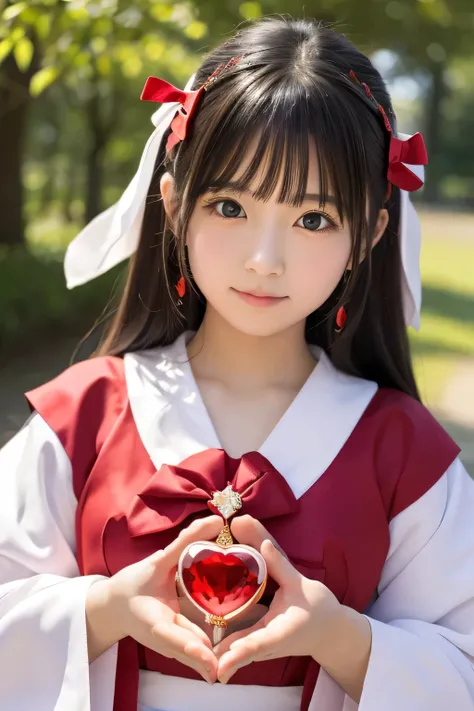 Cute shrine maiden, holding a beautiful and divine jewel in the shape of a large shining heart in her hand and holding it in front of her chest, divine background