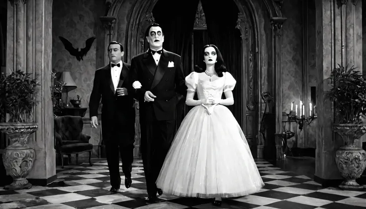 You’ll be acting as a 1950s film director, using Super Panavision 70 technology to recreate an iconic scene from The Addams Family. The scene should focus on the grand entrance to the Addams mansion, filmed in a wide angle that highlights the gothic archit...