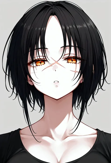 No. 3, close, masterpieceBest Quality, One person, 1 female, One personで, Black Hair, Very short hair, Parted bangs, Gold and orange eyes, Half-closed eyes, open lips, expressionless, Pale skin, Large Breasts, Many scars, A scar on one eye, Best Quality, L...