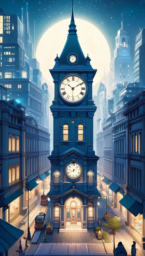 a city at night with a large clock tower in the background, cute face, classic scenario, arstation and beeple highly, city street, metropolis, Albert Edward Hughess draw style