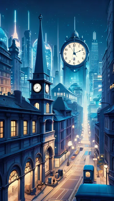 a city at night with a large clock tower in the background, cute face, classic scenario, arstation and beeple highly, city street, metropolis, Albert Edward Hughess draw style