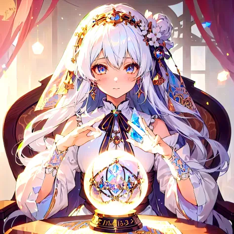 Anime girl with long white hair sitting on a chair and holding a crystal ball, Gwaiz on pixiv artstation, White-haired God, Gwaiz on artstation pixiv, Popular on Art Station Pixiv, Gwaiz, Detailed digital anime art, artwork in the style of Gwaiz, fortune t...