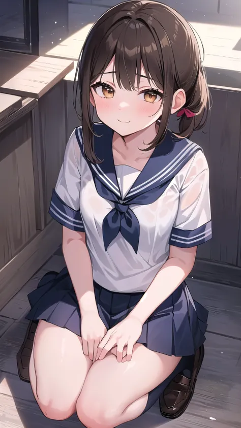 anatomically correct, one girl, small breasts,  ｛shortcuts:1.7｝, short ponytail, brown hair, character portrait,sailor suit,smil...