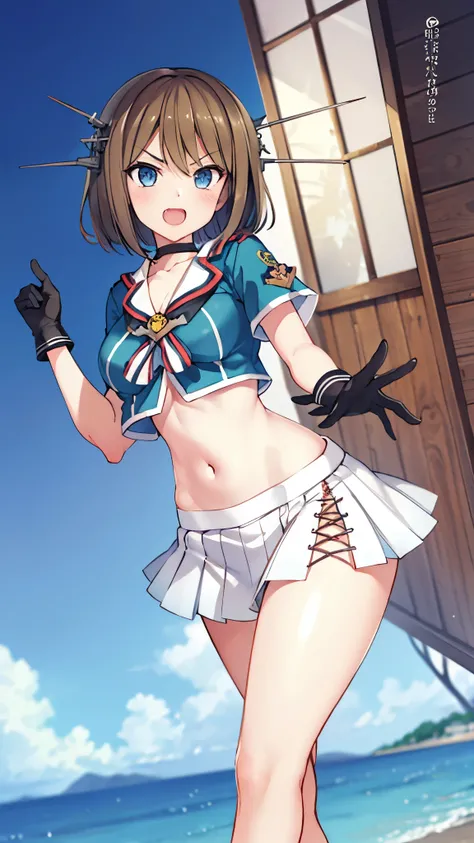 best quality, integrated scenery, integrated background, extremely delicate and beautiful, meticulous details, good composition, , cute face, perfect face, perfect hands,an anime style ,1young_teen_ girl, , brown_hair, medium_bob_hair, blue_midriff_baring...