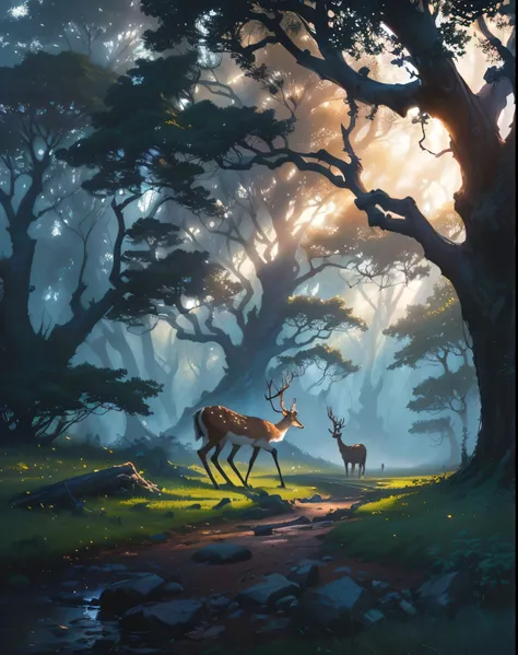 there is a deer that is standing in the grass by a tree, james gurney and andreas rocha, dan mumford and albert bierstadt, rob rey and kentarõ miura, a beautiful artwork illustration, by sylvain sarrailh, by Jesper Ejsing, by Alexander Kucharsky, forest dr...