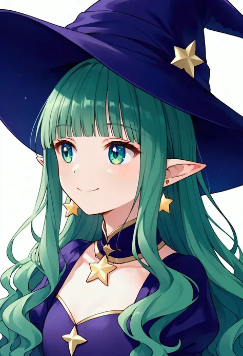 nai3, close up, masterpiece, Highest quality, One person, 1girl, solo, long hair, star (symbol), pointy ears, witch hat, smile, puffy sleeves, earrings, looking to the side, jewelry, upper body, bangs, blunt bangs, gloves, very long hair, green hair, witch...