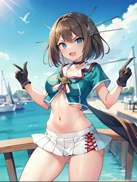 best quality, integrated scenery, integrated background, extremely delicate and beautiful, meticulous details, good composition, , cute face, perfect face, perfect hands,an anime style  ,1young_teen_ girl, brown_hair, medium_bob_hair, blue_midriff_baring_s...