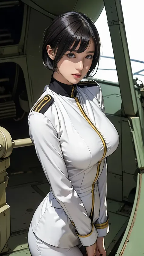 Earth Federation Operator Girl Soldier、Black Short Hair、(Very thin:1.5, delicate, 10th Generation)、Accurately drawn faces、thin、(Saggy Breasts:1.5), Earth Federation military uniform、White uniform、(A tight-fitting uniform:1.3)、Inside the bridge of a battles...