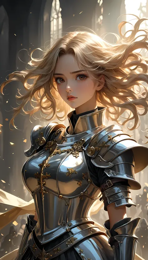 holy knight theme, cool and stylish, shiny metal expression, specular reflection coating, 
attractive female knight, alone, knig...