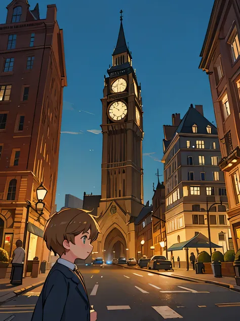 a city at night with a large clock tower in the background, cute face, classic scenario, arstation and beeple highly, city street, metropolis, Albert Edward Hughess draw style