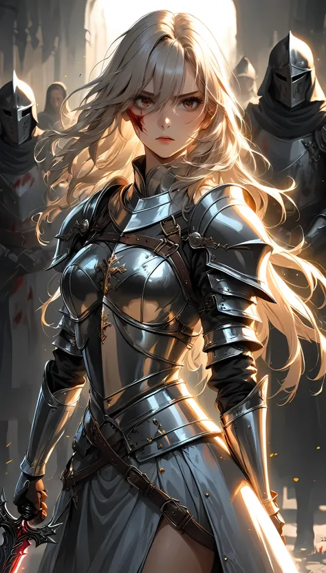 holy knight theme, cool and stylish, shiny metal expression, specular reflection coating, attractive female knight, alone, holdi...