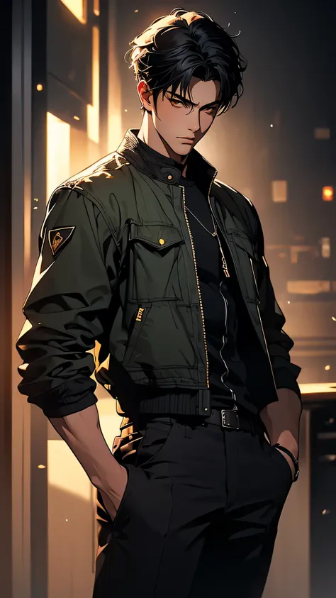 ((masterpiece)), envision a 8k, highres, cinematic, semi realistic, detailed, full body pinup of a young man, soft face, sleepy face, slender muscular body, messy black hair, yellow eyes, combat jacket, combat pants,  (((1boy))), in dark lighting, against ...