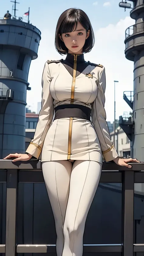 Earth Federation Operator Girl Soldier、Black Short Hair、(Very thin:1.5, delicate, 10th Generation, Very thin thighs)、Accurately drawn faces、thin、(Saggy Breasts:1.5), Earth Federation military uniform、White uniform、(A tight-fitting uniform:1.3)、Inside the b...