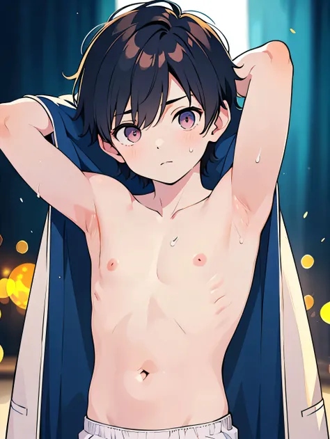 Highres, Masterpiece, Best quality at best,Best Quality,hight quality, hight detailed, Anime style, 1boy, teenager, cuddle, pretty face, Shota, young boy, Shirtless, bare chest, bare shoulder, Upper body, 12-years-old, handsome, Adorable little armpits, pi...