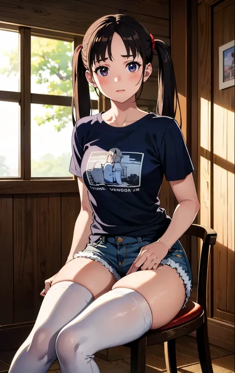 (masterpiece:1.2,high quality), 1girl, young girl, 14 yo, sitting on a chair in a farmhouse, t-shirt, jean shorts, thigh highs, blushing, ((ultra realistic details)), global illumination, shadows, Unreal Engine, octane render, 8k, ultra sharp, intricate, h...