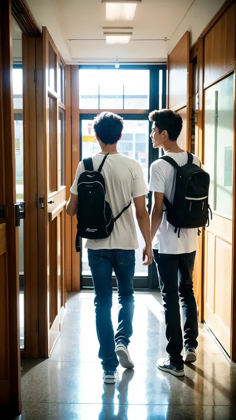 A cinematic back-view shot of a 20-year-old boy chatting with two friends in front of their classroom in a college hallway. The boy is wearing jeans and a white T-shirt, standing casually with his friends, all smiling and engaged in conversation. On the le...