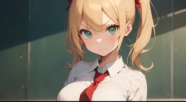 an 1 girl with blonde hair and pigtails, green eyes, Very thin, big breasts. white shirt and red tie, She is very angry.