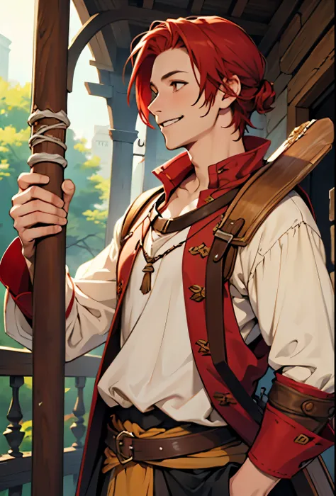 Young boy, man, tall and kind of thin, red hair, brown eyes, Bard clothes, carries a lute on his back, smiling, he is happy, He&#39;s sitting on top of a worn tile roof, in the background a small village with a bell in the middle, 2D Art, anime style, insp...