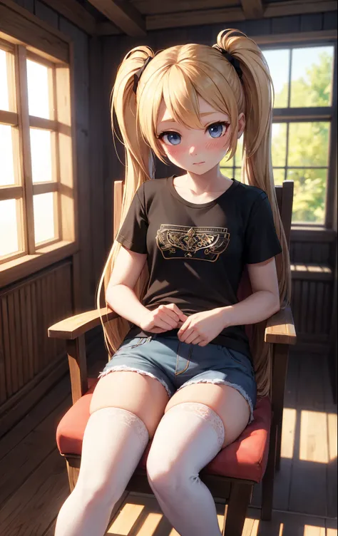 (masterpiece:1.2,high quality), 1girl, young girl, 14 yo, sitting on a chair in a farmhouse, short t-shirt, jean shorts, white thigh highs, blushing, ((ultra realistic details)), global illumination, shadows, Unreal Engine, octane render, 8k, ultra sharp, ...