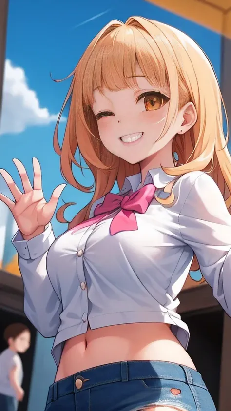 1girl, romantic academia, 4k, masterpiece, best quality, ultra-detailed:1.2), short, voluptuous, (short neck:1.2), pale skin, 
(big eyes:1.3), (droopy eyes:1.3), (orange eyes:1.1), happy, cheerful grin, eyes closed, BREAK, 
20yo, long sleeves, (white blous...