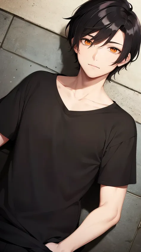 
young anime guy, male anime character, black hair, Orange eyes