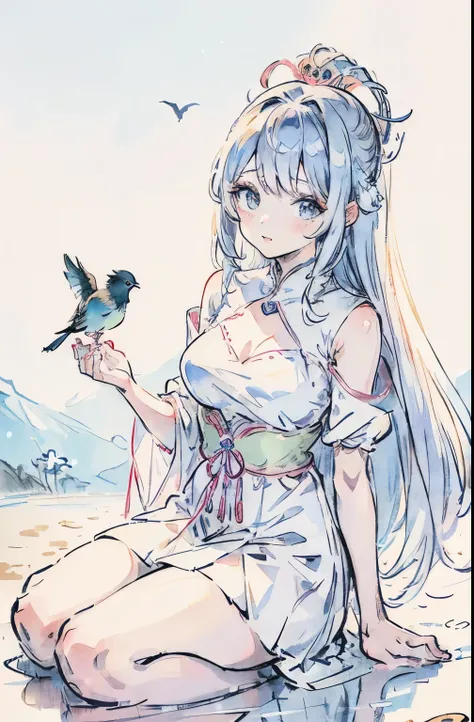 Anime Girl in a white dress with a fan and a bird, Anime Goddess, beautiful Anime Girl, Cute anime wearing beautiful skirt, Beautiful anime portrait, (Anime Girl), ((A beautiful fantasy queen)), Zerochan art, Beautiful anime artwork, Beautiful anime art st...