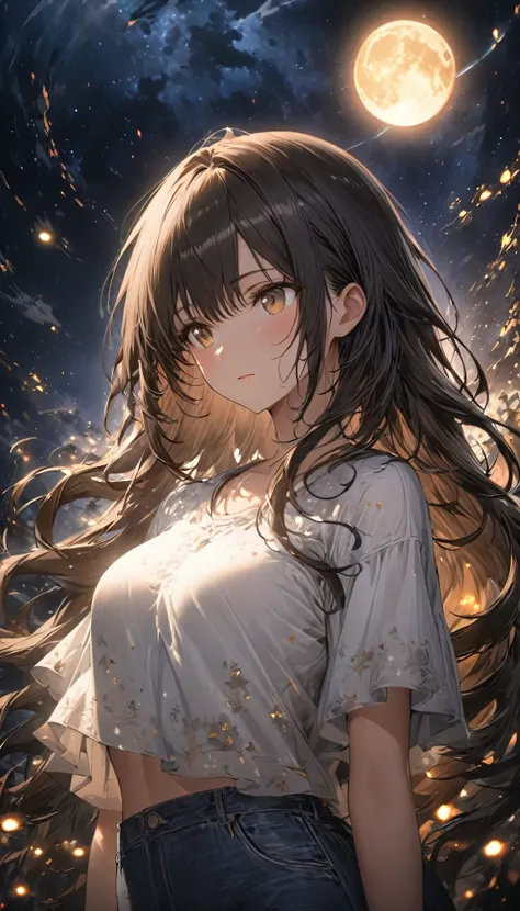 A beautiful anime-style scene of a young woman standing under the glowing full moon, which fills the night sky with soft, ethereal light. She has long, flowing dark hair with hints of brown and golden tones, gently swaying in the breeze. Her calm, serene e...