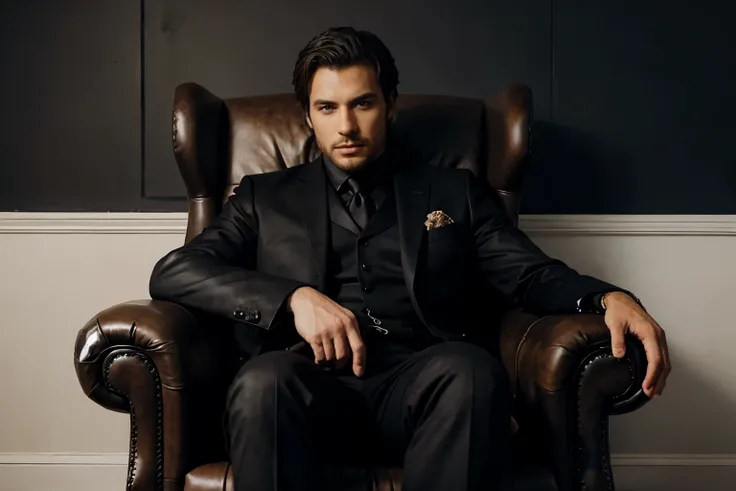 a man in a black suit sits in a leather chair