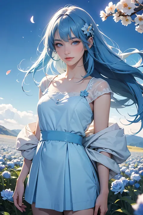 (Absurd, High resolution, ultra detailed, 超High resolution, cinematic), Alone, One girl, Mature, happy, girl standing in light blue flower field, light blue flower petal surrounding girl, whole body, Girl with long blue hair, light blue hair, Fantasy, Drea...