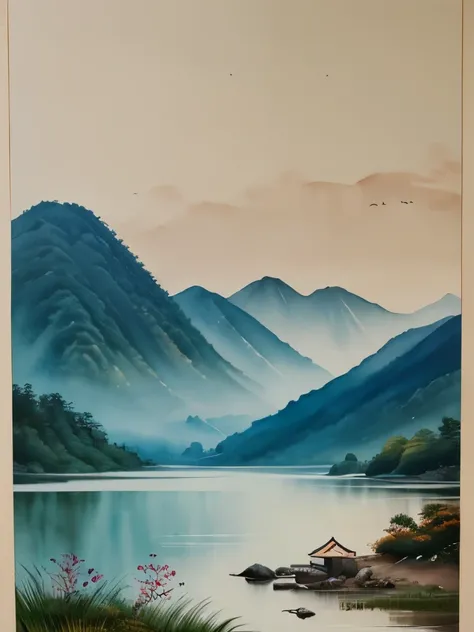 a painting of a mountain scene with a lake and trees, by Song Xu, by Gong Kai, by Cheng Jiasui, japanese watercolor, by Luo Mu, by Gong Xian, by Yang Borun, ink wash painting, by Cheng Shifa, by Dong Yuan, traditional chinese watercolor, watercolor landsca...