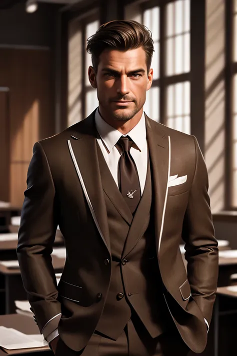 handsome male, 50 year old man, attractive, with an elegant suit, in a classroom, (brown hair with some white streaks), extremel...