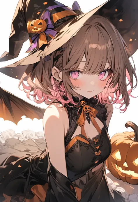 good looking, Alone, 1 female, Medium Hair, Brown Hair, Pink highlights on the tips, Light pink eyes,Halloween,witch