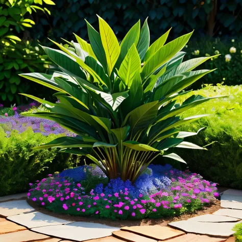 there is a plant that is in the middle of a flower bed, blue and purple plants, beautiful plants, huge flame fantasy plant, vibrant foliage, ”ultra realistic, rich blue colors, rich blue color, detailed beautiful plants, alien foliage plants, blue veins, v...