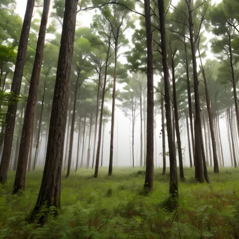 tall pine trees in a forest with a foggy sky, pine forest, florida, pine forests, sparse pine forest, swamp forest, lush evergreen forest, in serene forest setting, evergreen forest, serene forest setting, lush forest landscape, tropical forest, lush fores...