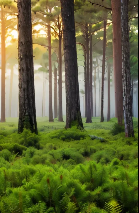 tall pine trees in a forest with a foggy sky, a stock photo by Robert J. Brawley, flickr, renaissance, pine forest, florida, pine forests, sparse pine forest, swamp forest, lush evergreen forest, in serene forest setting, evergreen forest, serene forest se...