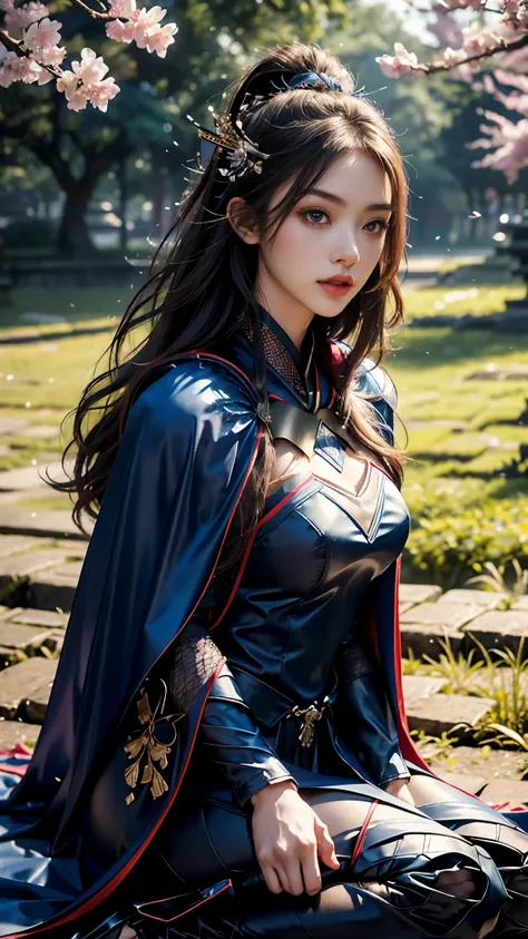 8K, UHD, Masterpiece, 1 girl, ((slim body)), good face, detailed eyes, detailed lips, very long hair, beautiful hairstyle, ((samurai outfit)), ((detailed outfit)), ((blue outfit)), ((mesh cape)), in the park, falling cherry blossom, depth of field, ray tra...