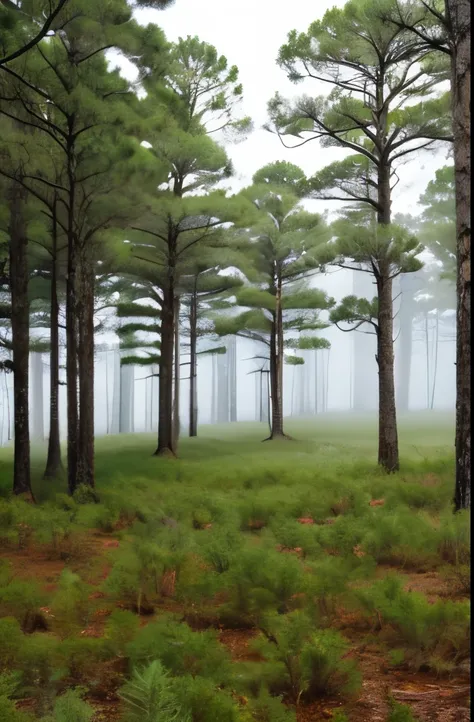 tall pine trees in a forest with a foggy sky, a stock photo by Robert J. Brawley, flickr, renaissance, pine forest, florida, pine forests, sparse pine forest, swamp forest, lush evergreen forest, in serene forest setting, evergreen forest, serene forest se...