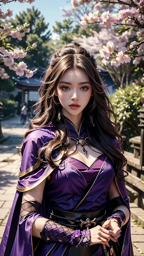 8K, UHD, Masterpiece, 1 girl, ((slim body)), good face, detailed eyes, detailed lips, very long hair, beautiful hairstyle, ((samurai outfit)), ((detailed outfit)), ((purple outfit)), ((mesh cape)), in the park, falling cherry blossom, depth of field, ray t...