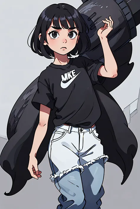 An  indigenous child , is wearing a black Nike shirt, a baggy neutral jeans very wide, has short straight black hair with bangs, has a brave expression and brown eyes 