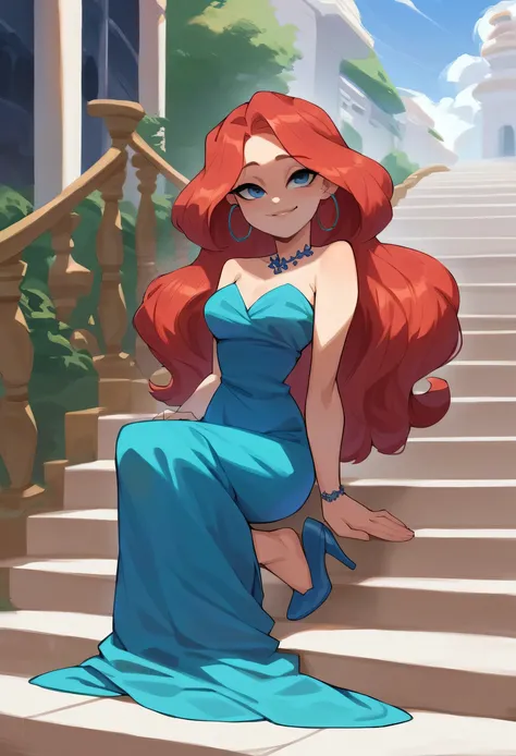 masterpiece, best quality, highly detailed, score_9, score_8_up, score_7_up, score_6_up,source_anime, BREAK, Chelsea, 1girl, solo, long red hair, beautiful face, blue eyes, blue evening dress, stairwell, highly detailed, shaded, high heels, solo, soft ligh...