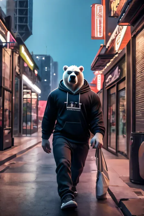 A human-looking polar bear in a modern urban environment. The bear wears a black hoodie over a T-shirt and pants. He appears determined and self-confident, as he walks through the busy streets with tall buildings in the background. The bear radiates coolne...