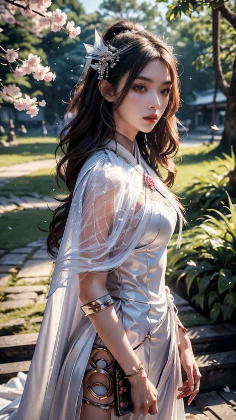 8K, UHD, Masterpiece, 1 girl, ((slim body)), good face, detailed eyes, detailed lips, very long hair, beautiful hairstyle, ((samurai outfit)), ((detailed outfit)), ((white outfit)), ((mesh cape)), in the park, falling cherry blossom, depth of field, ray tr...