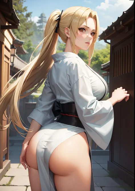 1girl in, Tsunade, Long hair, sexy dress, Blonde hair, Green eyes,  Beautiful, Yukata,, Sexy clothes, Outdoor background, Ultra Detail, Realistic, thicc ass, image from behind