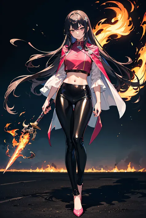 ((Sexy seductive anime long haired girl wearing shiny white crop top and shiny black metallic leggings)), (with pink cape) (high heels), (standing seductive), ((hand holding a flaming sword)), (Flaming War field), (flaming aura), modern anime style, 4 k ma...